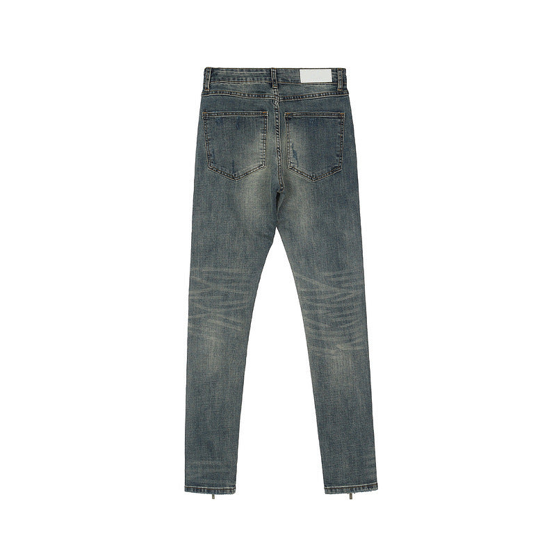 Distressed Slim-fit Jeans With Zipper Straight Pants