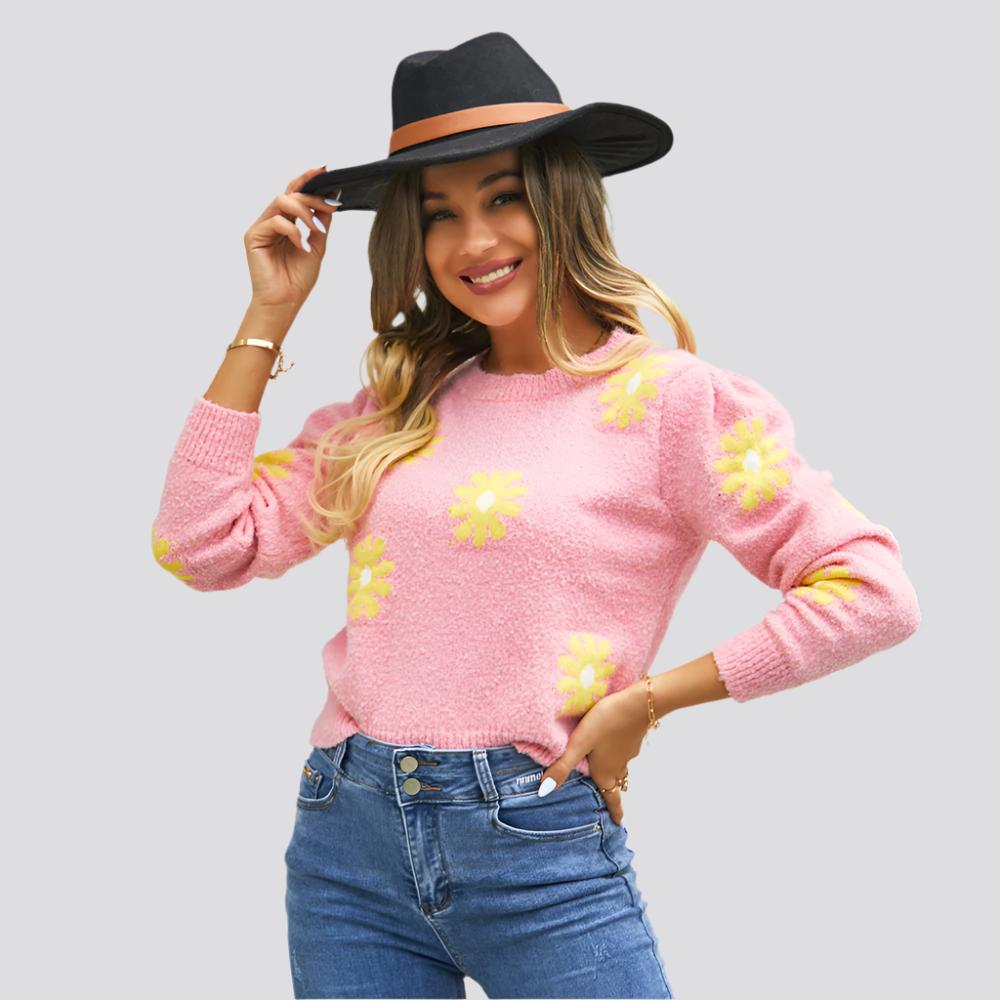 Fashion Floral Print Knit Sweater Round Neck Pullover Tops Women