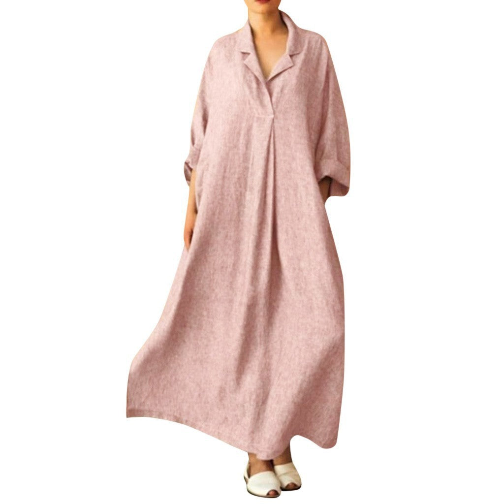 Women Dress Loose Casual Ankle Length Office Lady Dress Solid  Lantern Sleeve Bohemian Loose Waist Women Dress