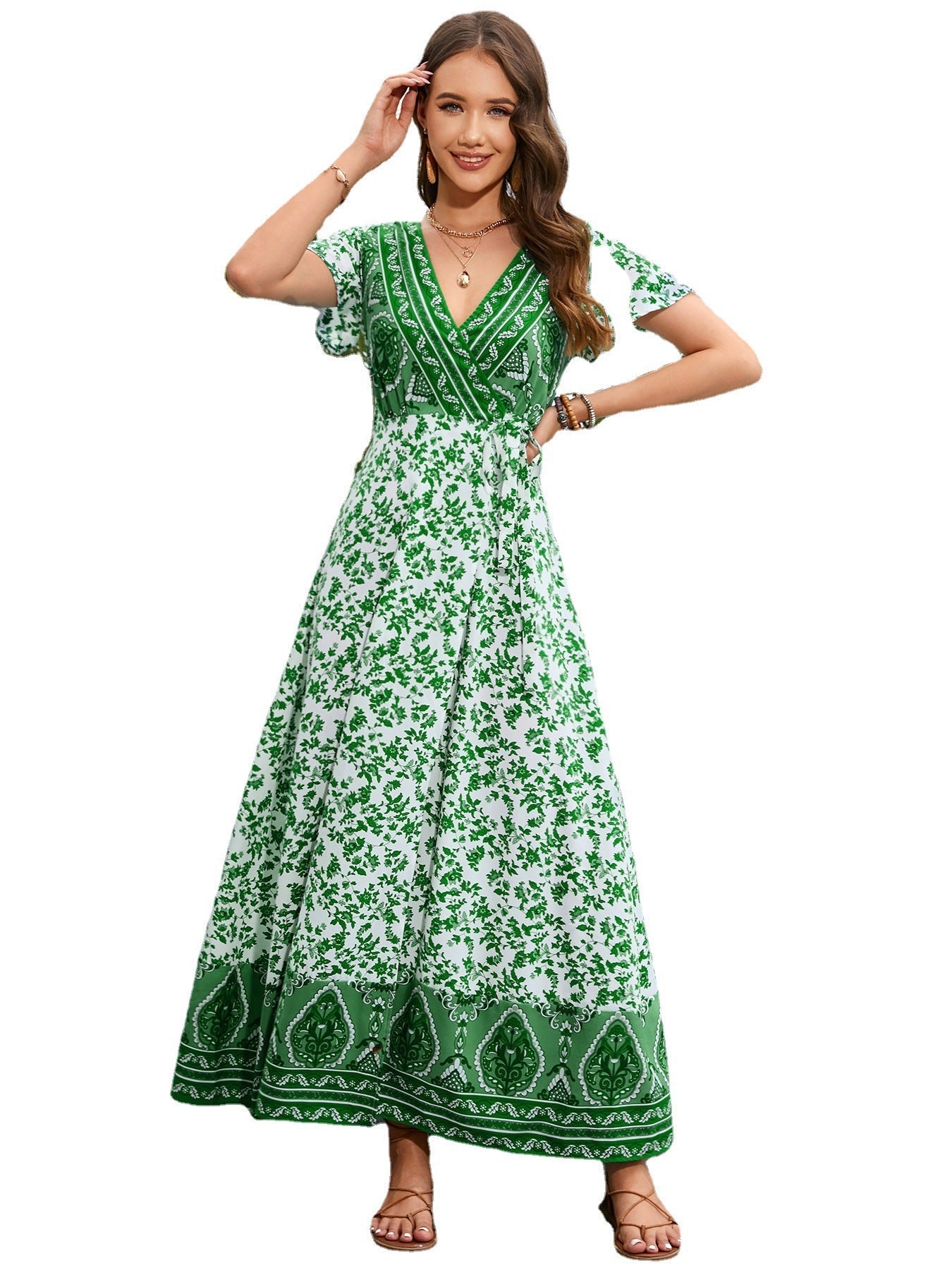 Women's V-neck Summer Bohemian Casual Short Sleeve Floral Print Maxi Dress