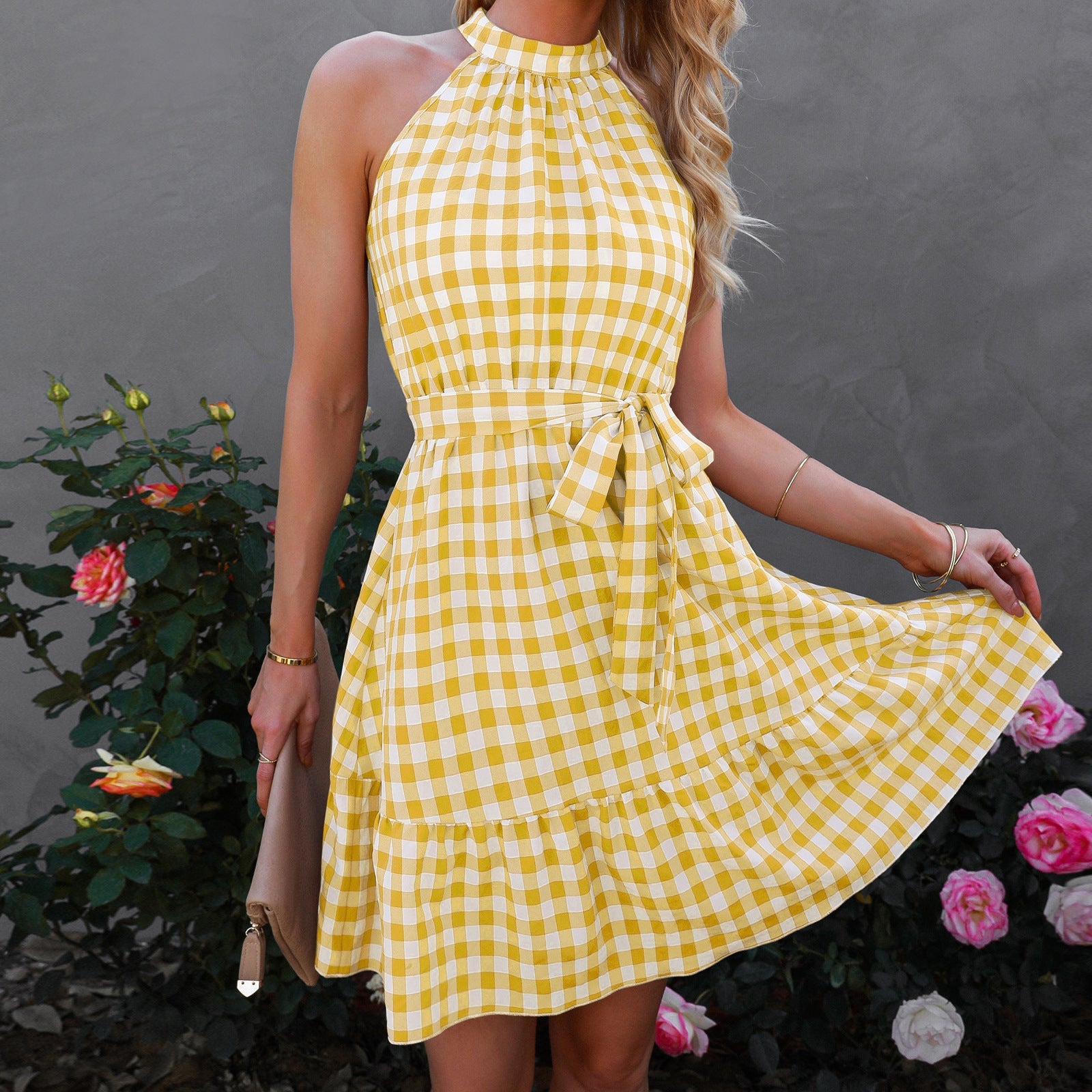 Wrap Bust Sleeveless Ruffled Plaid Midi Dress