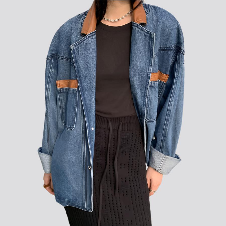 Jacket Women Loose PU Leather Stitching Denim Jacket Women