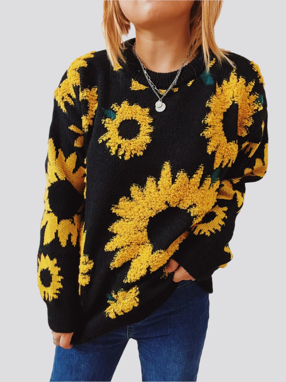 Women's Fashion Casual Sunflower Jacquard Round Neck Long Sleeve Sweater