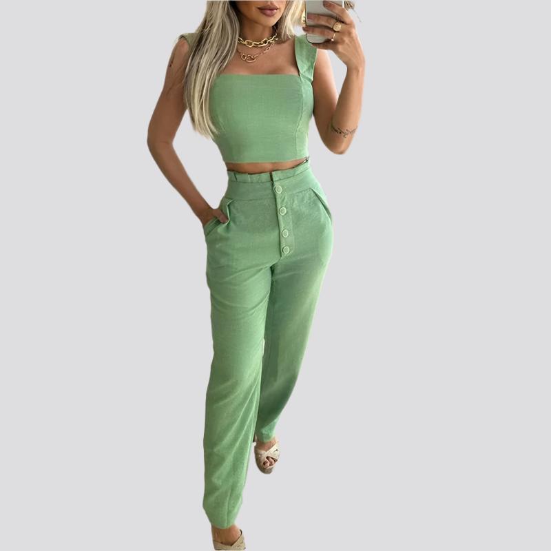 Solid Color Short Crop-top Spaghetti-strap Top High Waist Trousers Two-piece Set