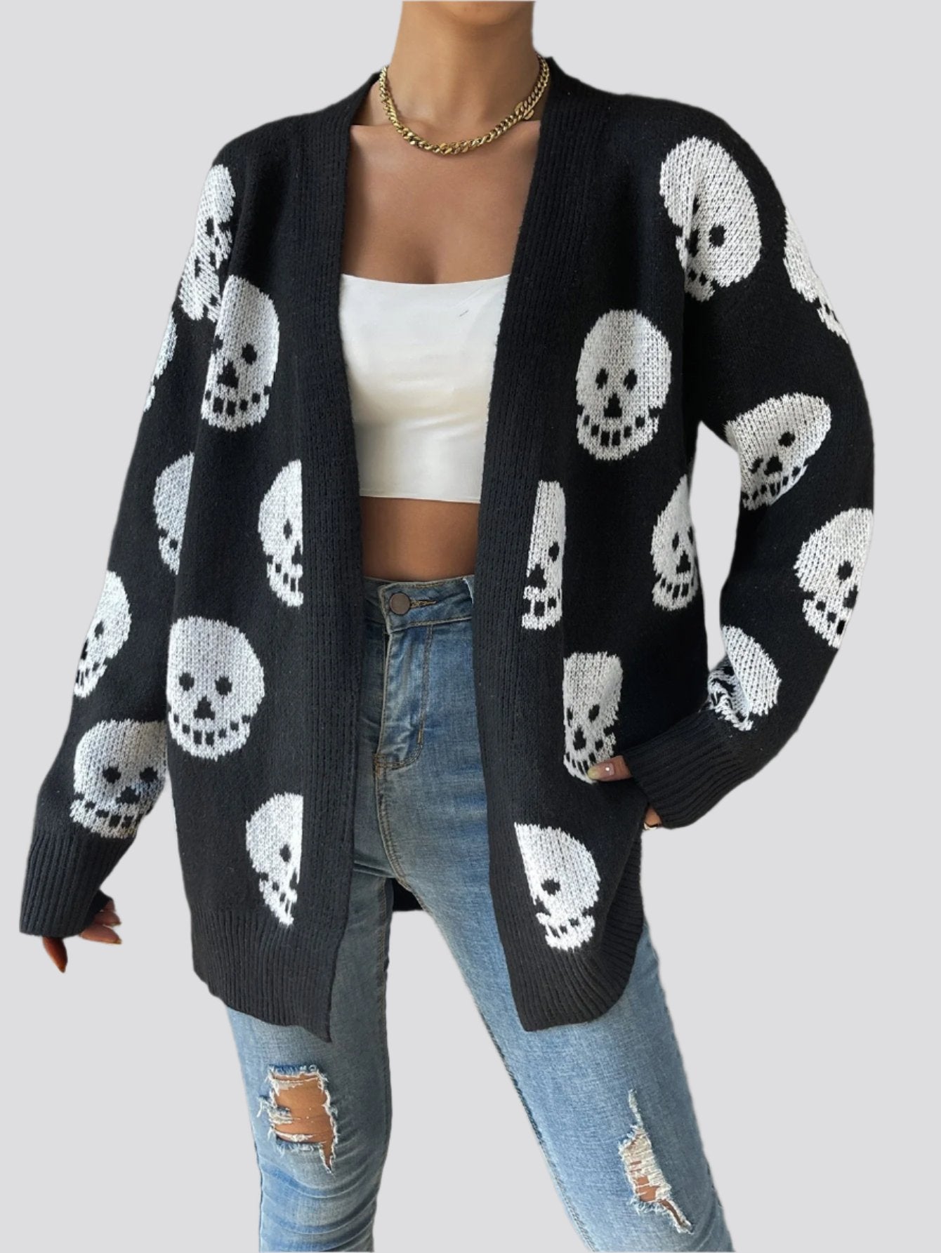 Women's Fashion Casual Halloween Skull Jacquard Knitted Long Sleeve Cardigan