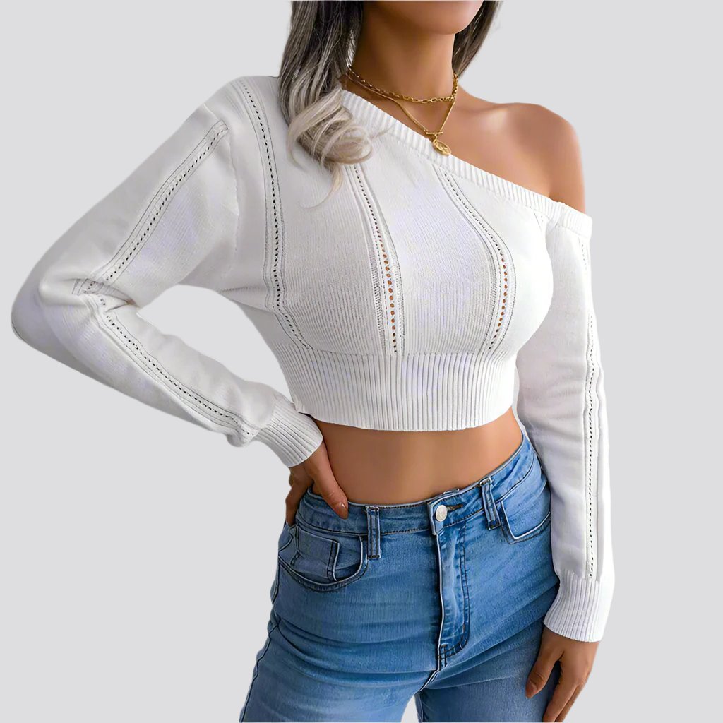 Bare Shoulders Knitted Sweater Women Long Sleeve Short Pullover Clothes