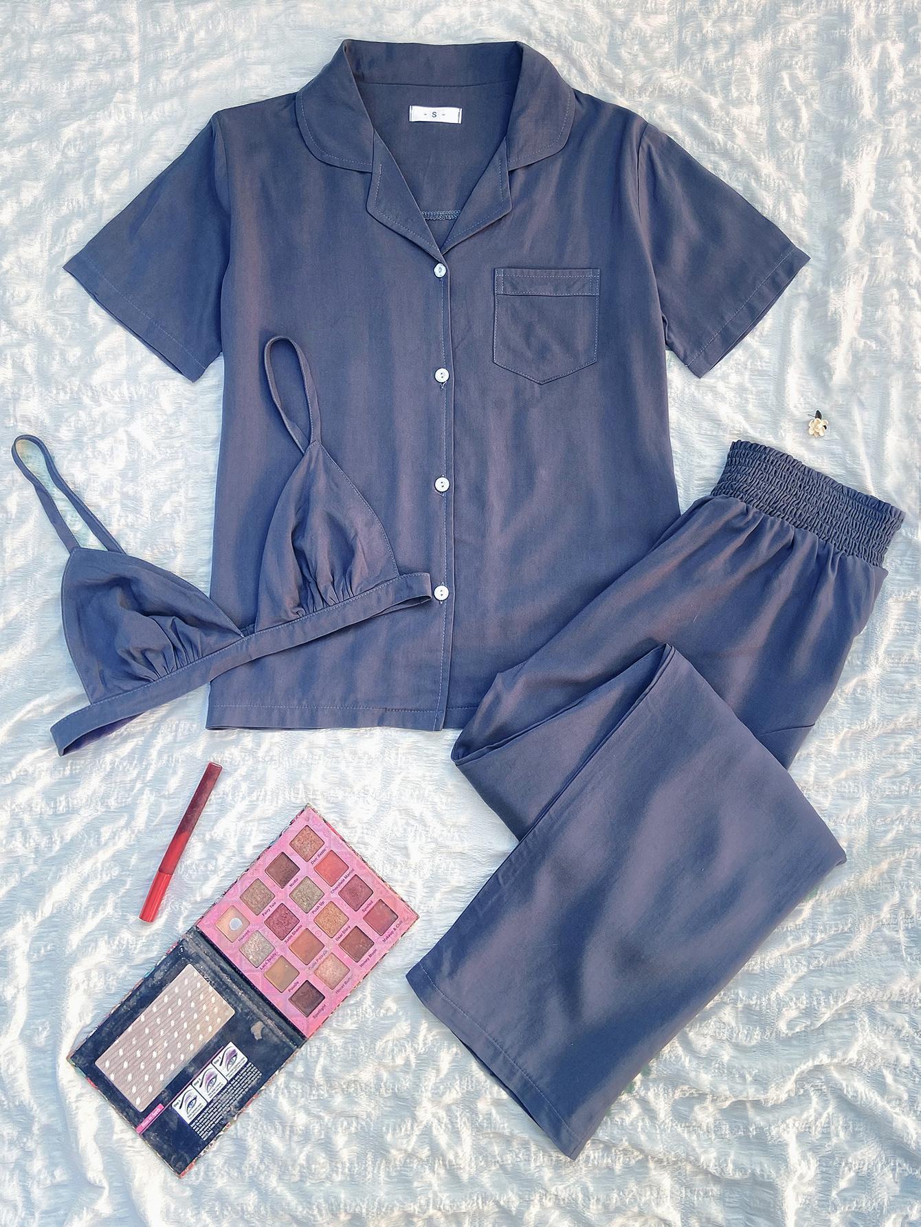 Women's Short-sleeved Cardigan Homewear Pajamas Three-piece Set