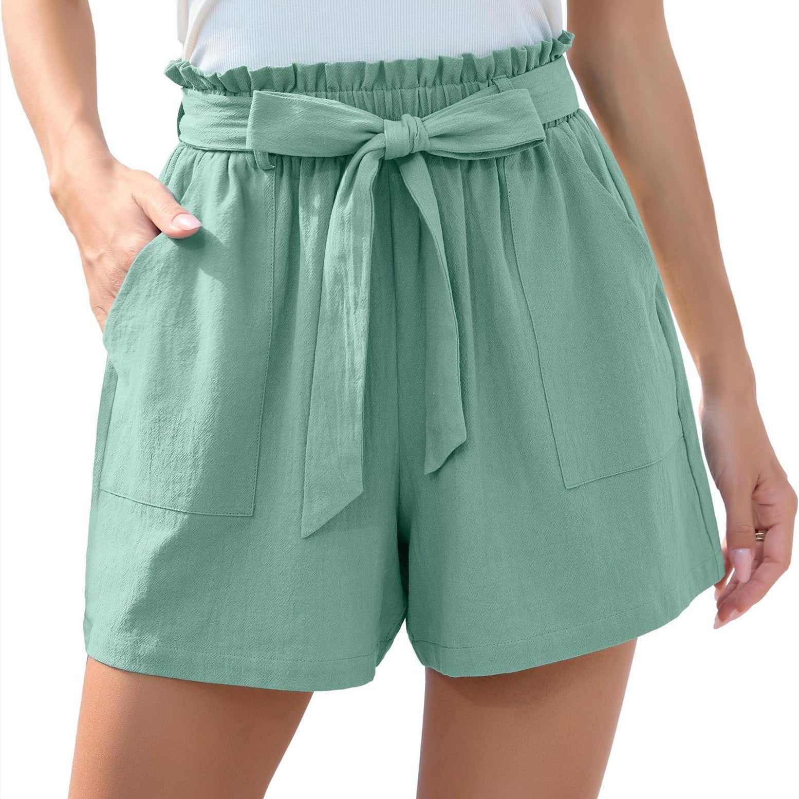 Fashion Ruffle Bow Waist Tie Shorts Summer Beach Pants With Pockets Womens Clothing