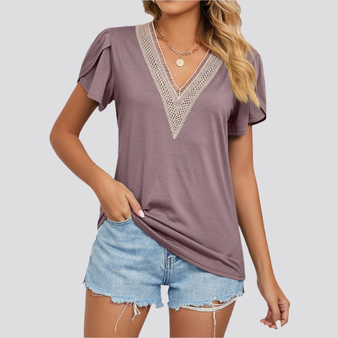 Women's Temperament Fashion Lace V-neck Short-sleeved Tops