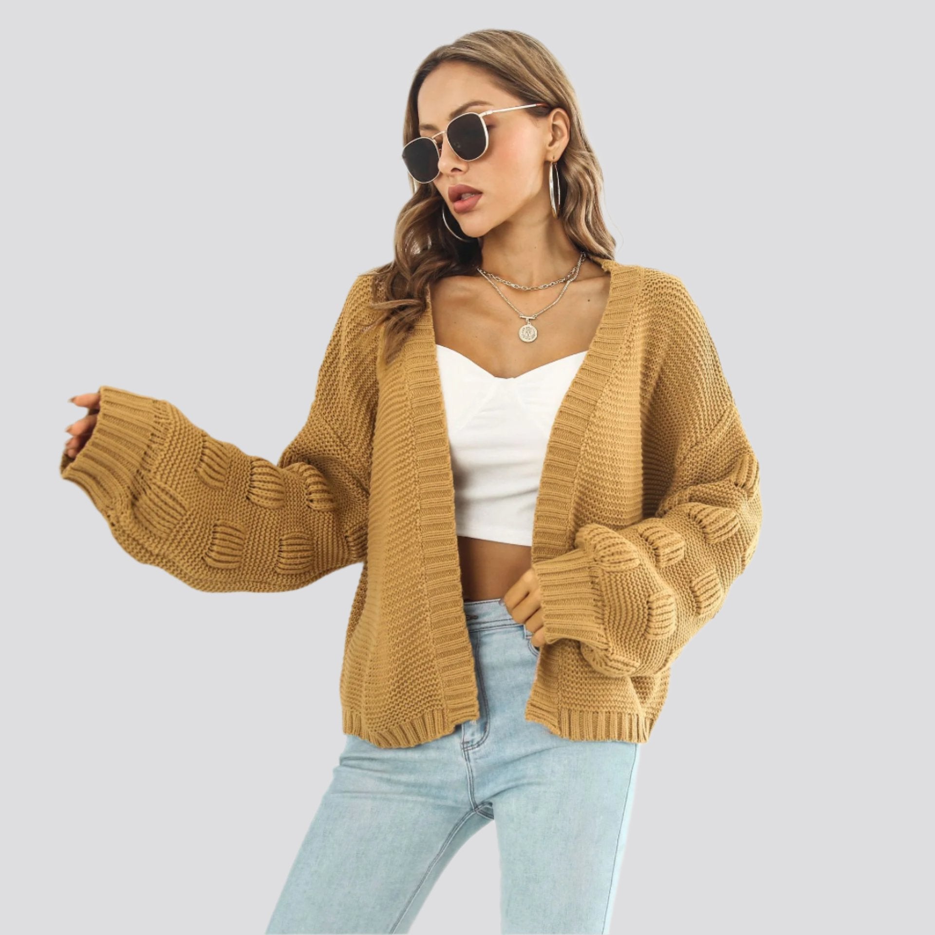 Puff Sleeve Cardigan Sweater Women Clothes Front Chunky Knitwear Coat