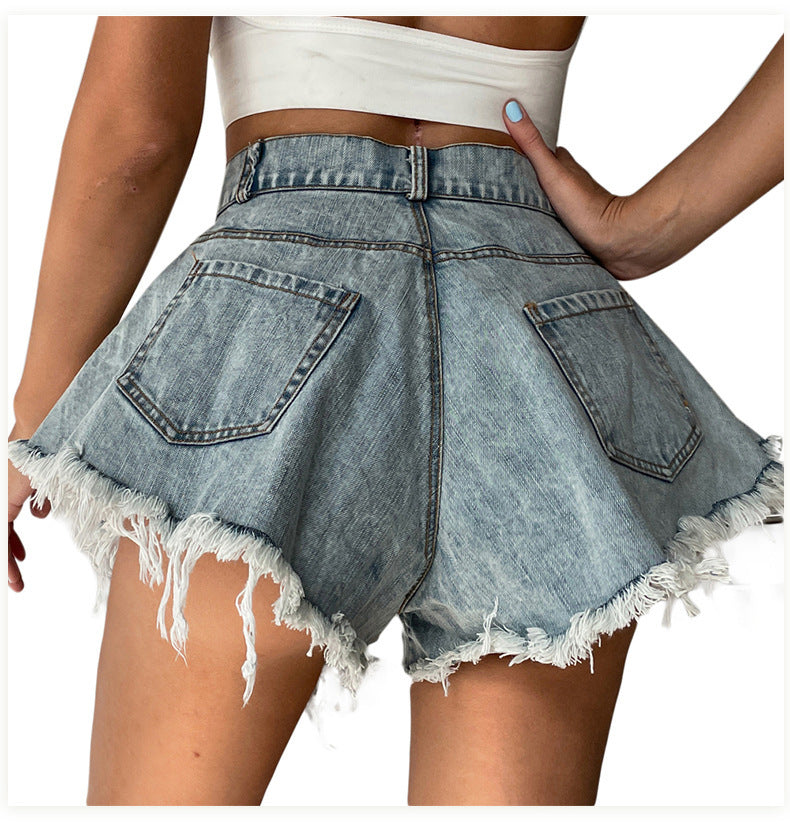 High Waist Loose-fitting Tassel Denim Shorts For Women