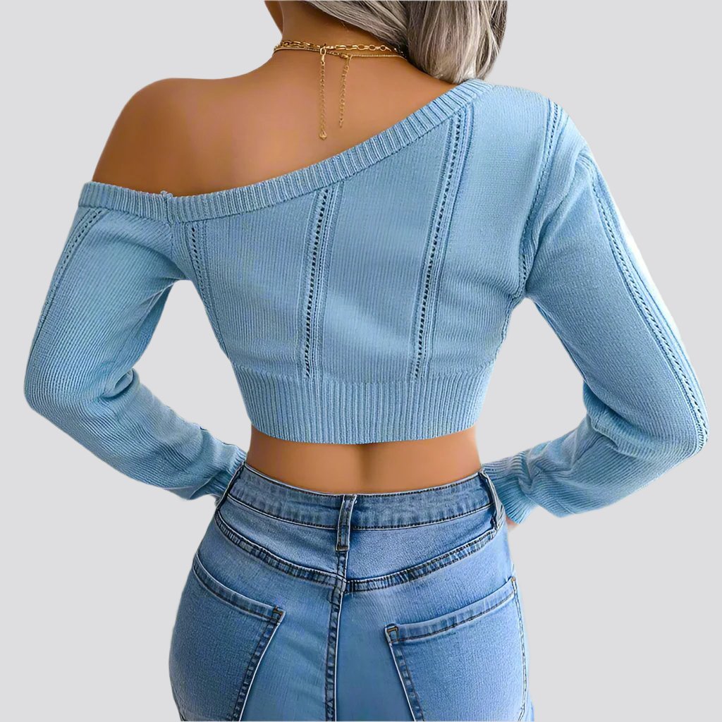 Bare Shoulders Knitted Sweater Women Long Sleeve Short Pullover Clothes