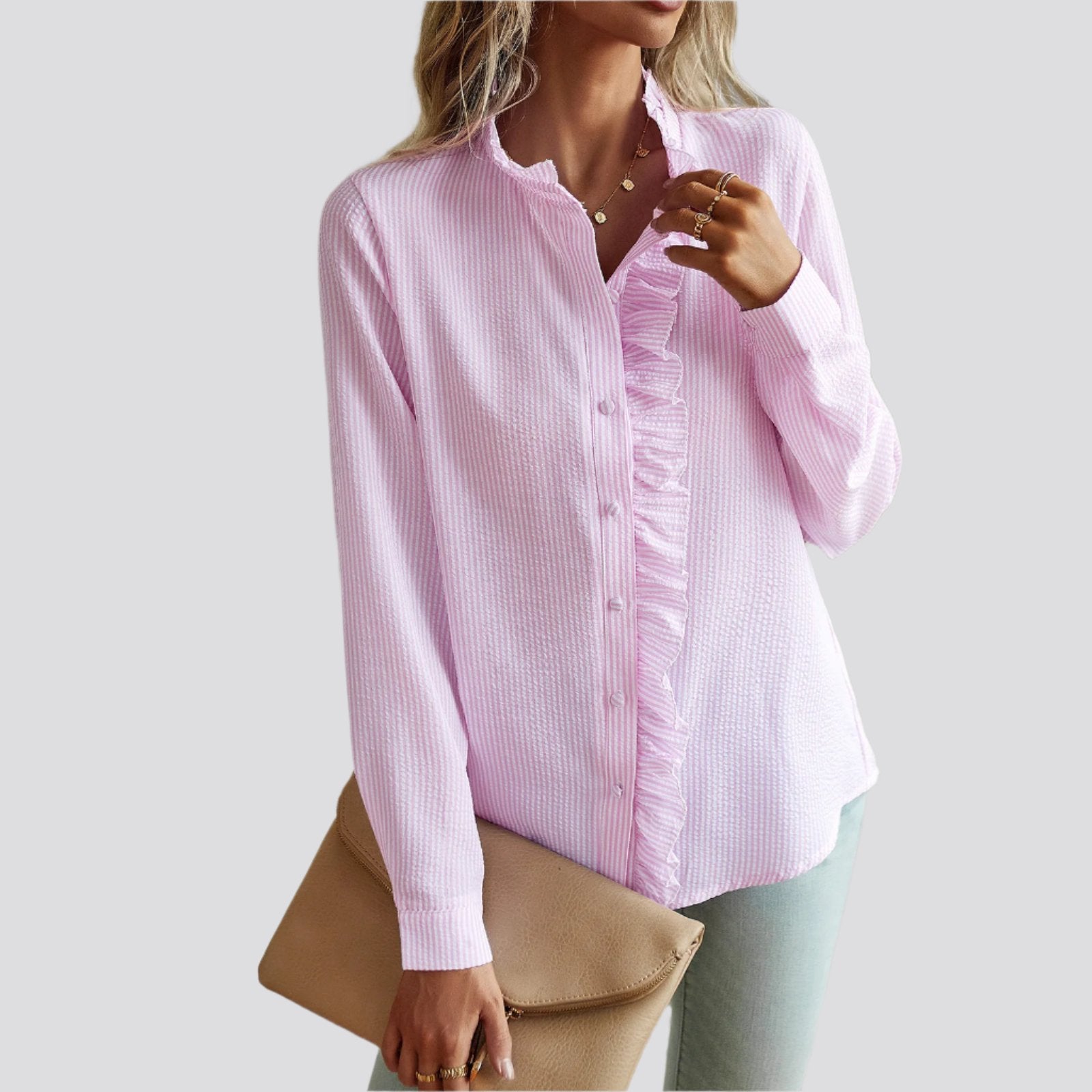 Striped Long Sleeve Shirt Fashion Ruffle Design Button Up Tops Casual Office Blouse Elegant Commuting Women's Clothing