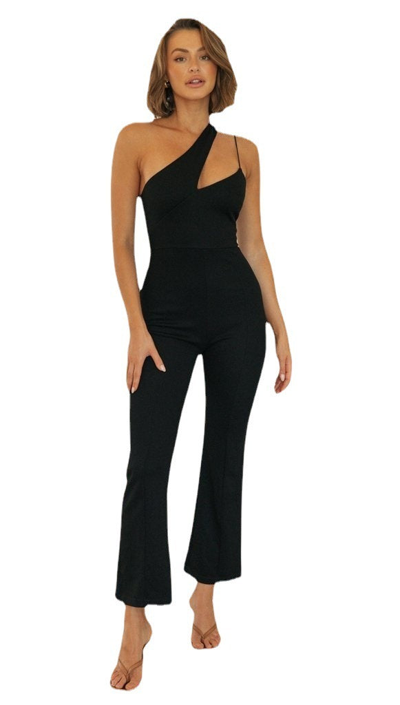 Fashion Solid Color Sloping Shoulder Slim Jumpsuit