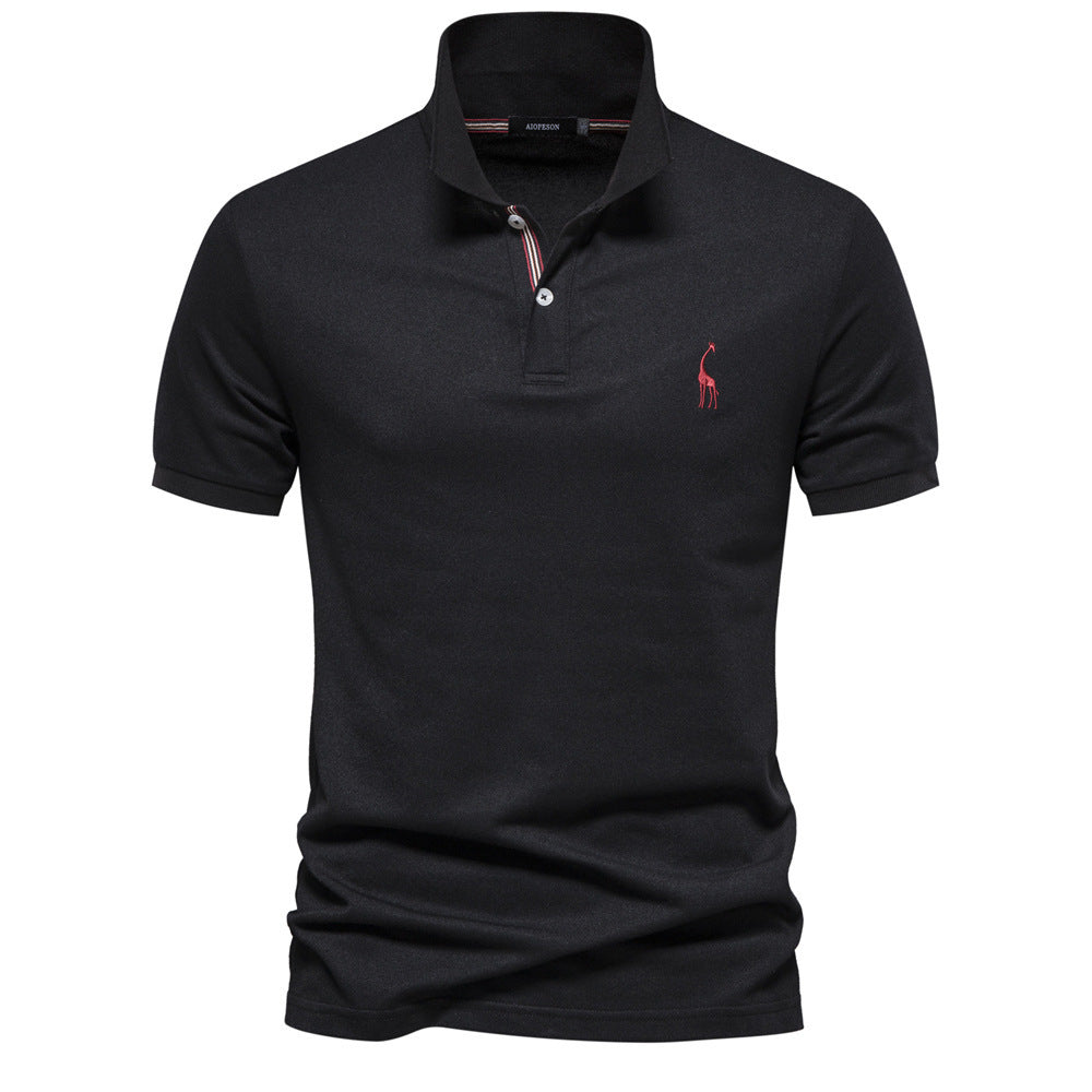 Deer Embroidered Men's T-shirt Solid Color Polo Collar Basic Style Short-sleeved Shirt Men