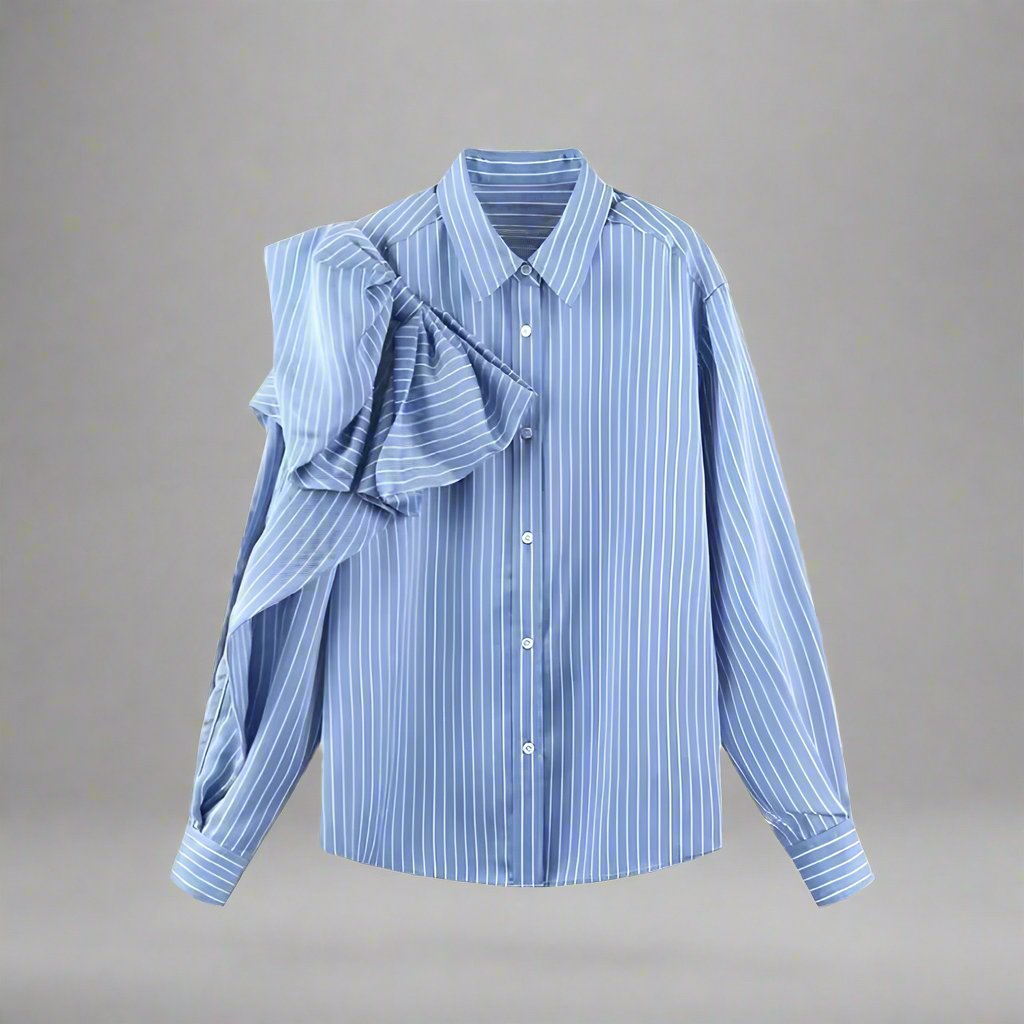 Casual Blue Striped Shirts For Women Lapel Long Sleeve Korean Bowknot Patchwork Blouses