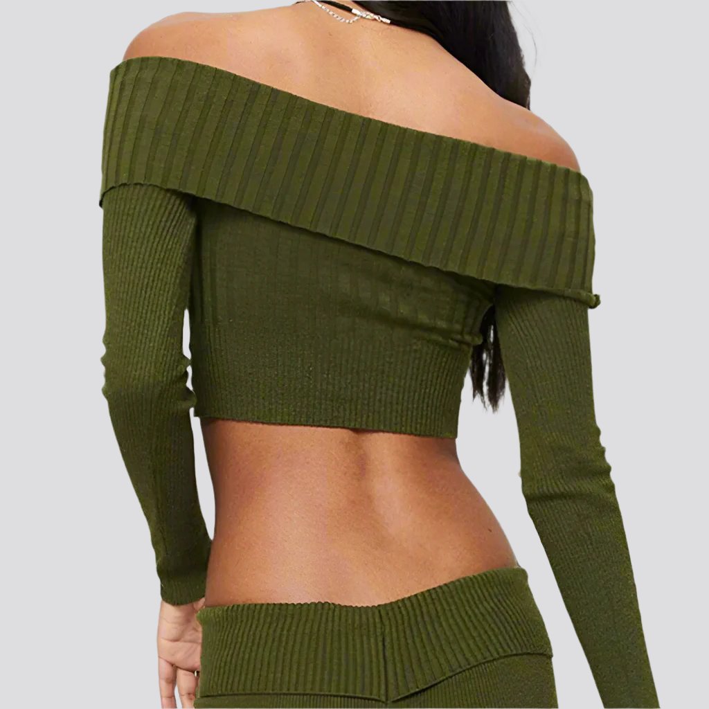 Boat Neck Long Sleeve Knitted Sweater Off-shoulder Crop Short Top SFor Womens Clothing