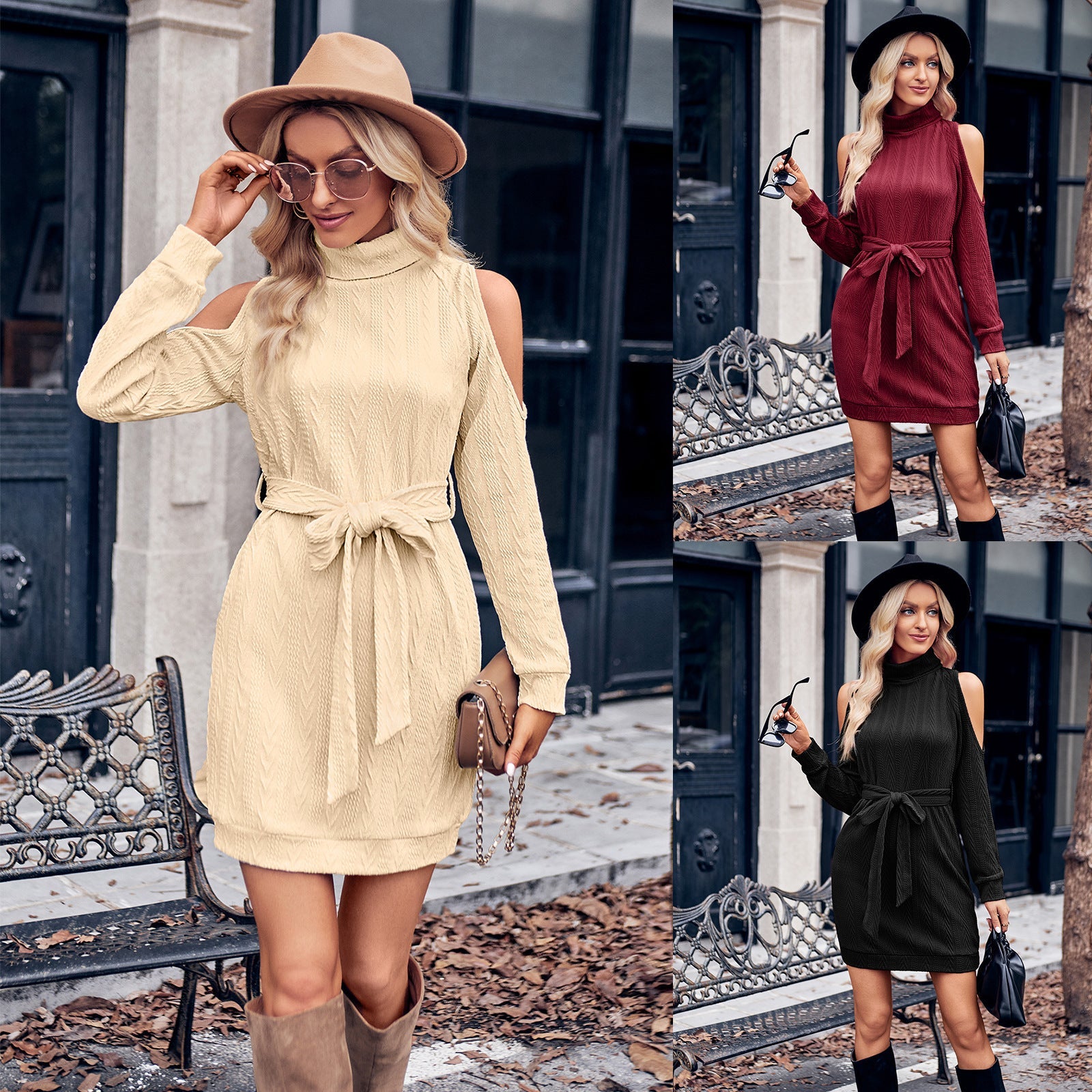 Autumn And Winter Women's Casual Solid Color Round Neck Shoulder Hollow Waist Dress