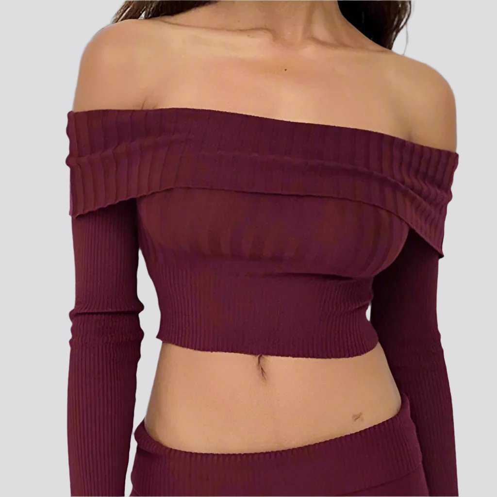 Boat Neck Long Sleeve Knitted Sweater Off-shoulder Crop Short Top SFor Womens Clothing