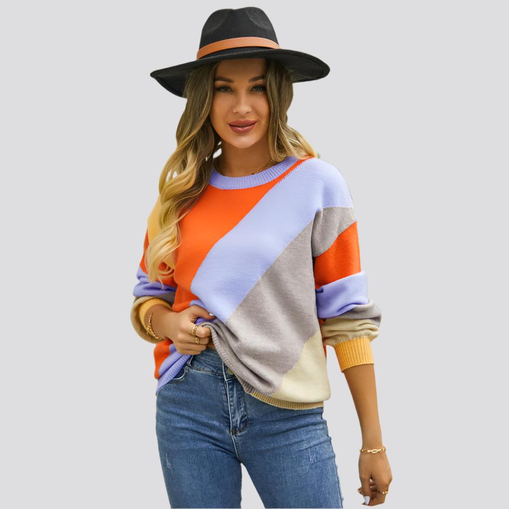 Women's Fashionable Simple Striped Patchwork Round Neck Sweater