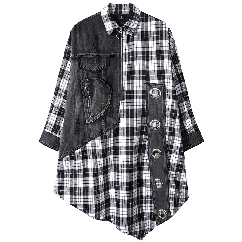 Loose Casual Denim Paneled Contrast Plaid Midi Dress