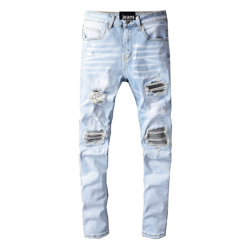 Light Blue Broken Hole Jeans Men's Patch Embroidery Patch Slim Fit