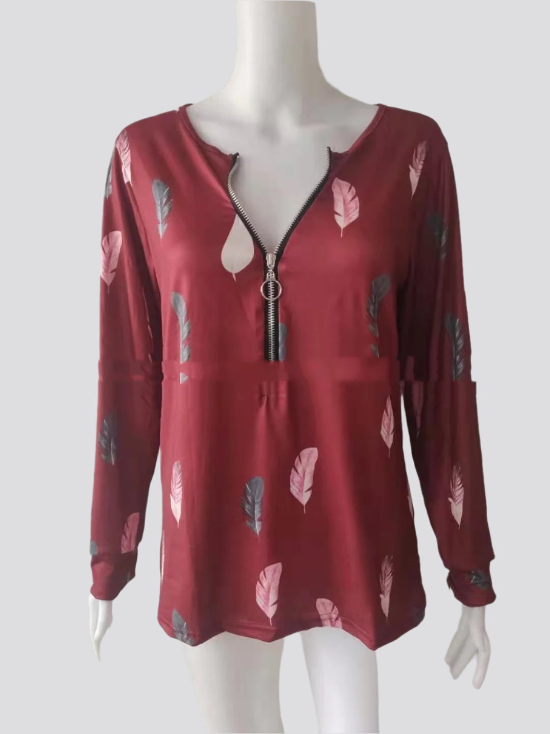 Women's V-neck Zipper Feather Print Long Sleeve Loose T-shirt