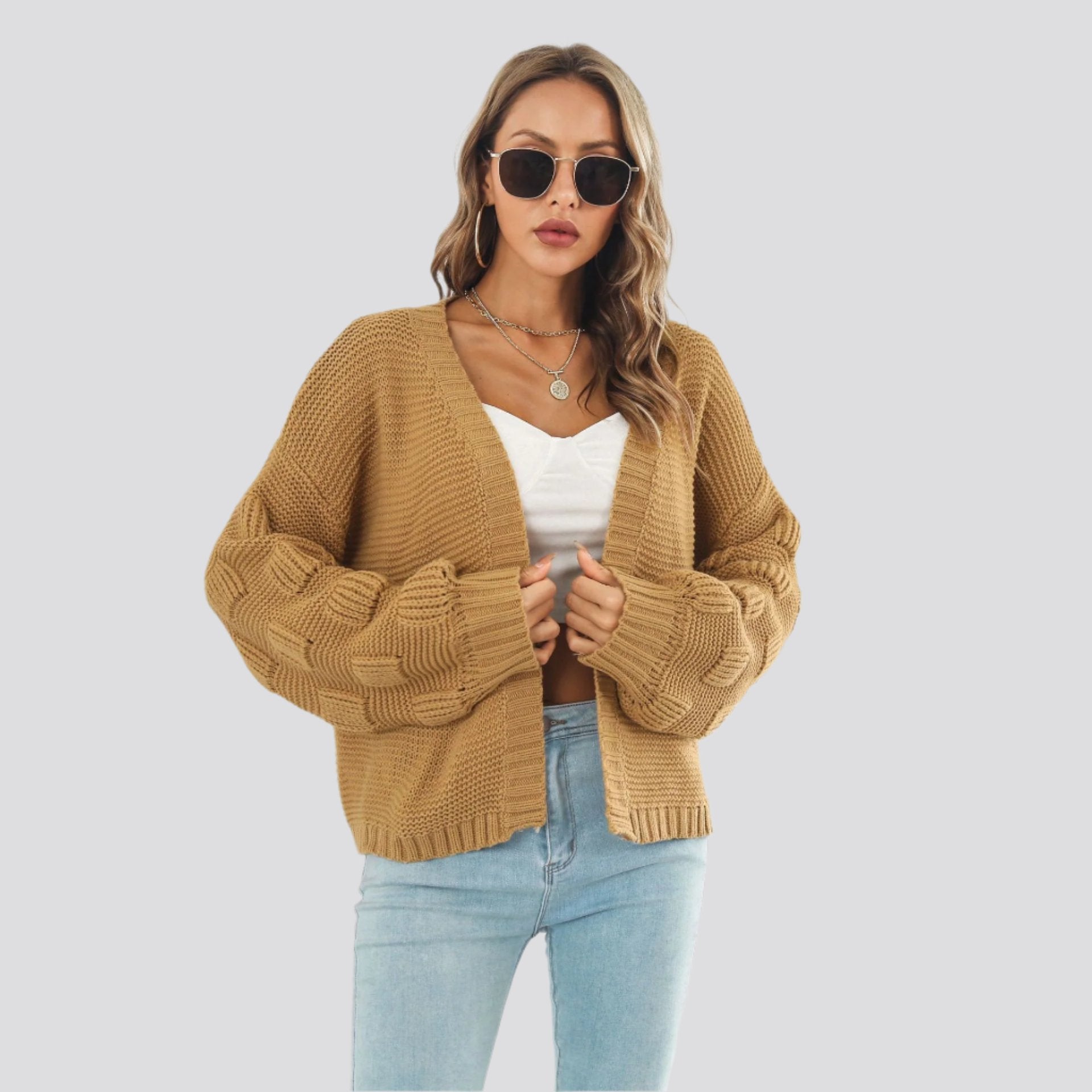 Puff Sleeve Cardigan Sweater Women Clothes Front Chunky Knitwear Coat