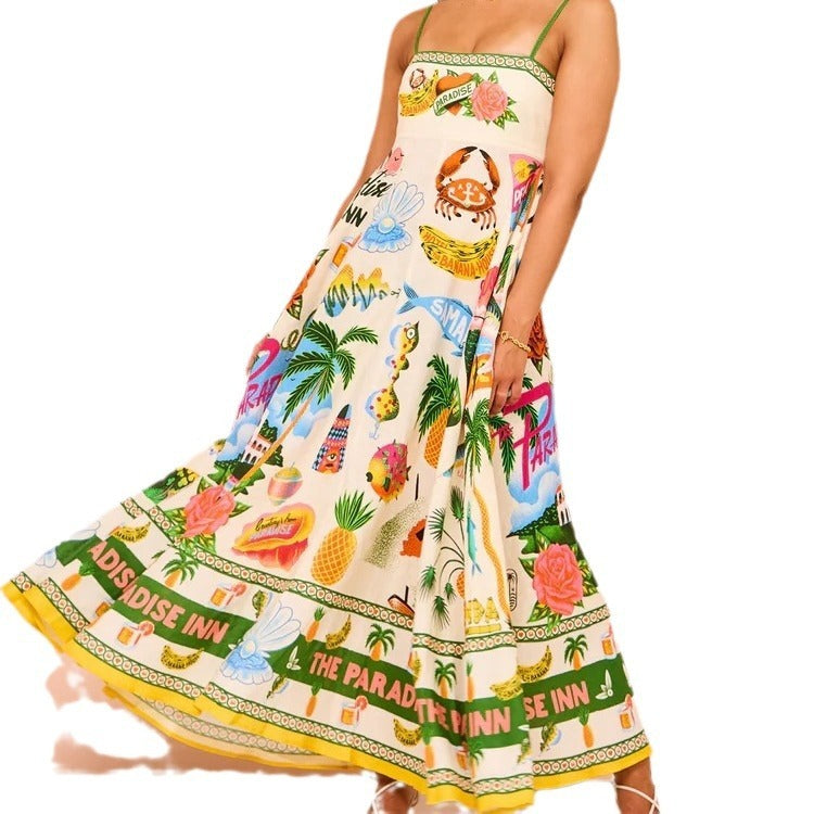 Sexy Sling Graffiti Cotton And Linen Printing Large Swing Dress