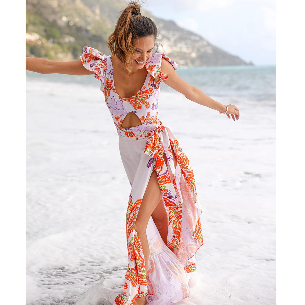 Printed Ruffle One Piece Swimming Costume Women Chiffon Maxi Dress