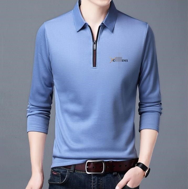 Spring And Autumn Men Long Sleeve Lapel Half Zip T Shirt