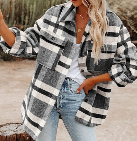 Women's Long-sleeved Loose Plaid Shirt Woolen Jacket