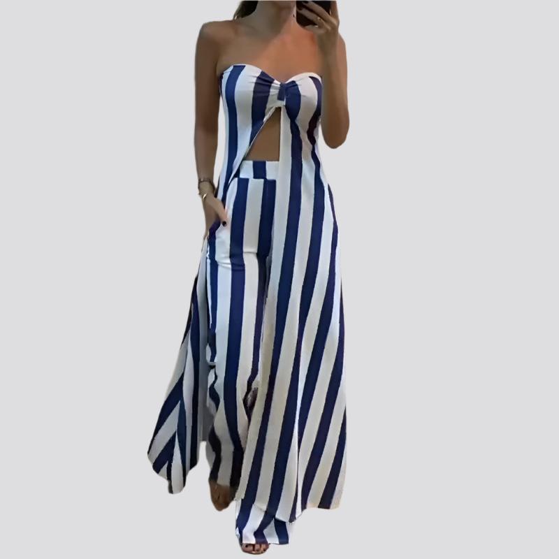 Fashion Striped Sexy Crop Top Skort Suit