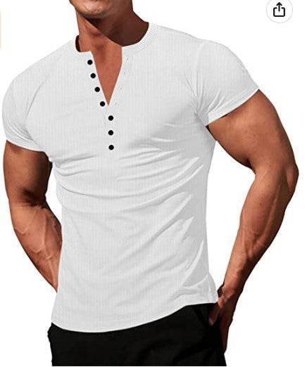 Men's Solid Color Buttons V-neck Slim T-shirt