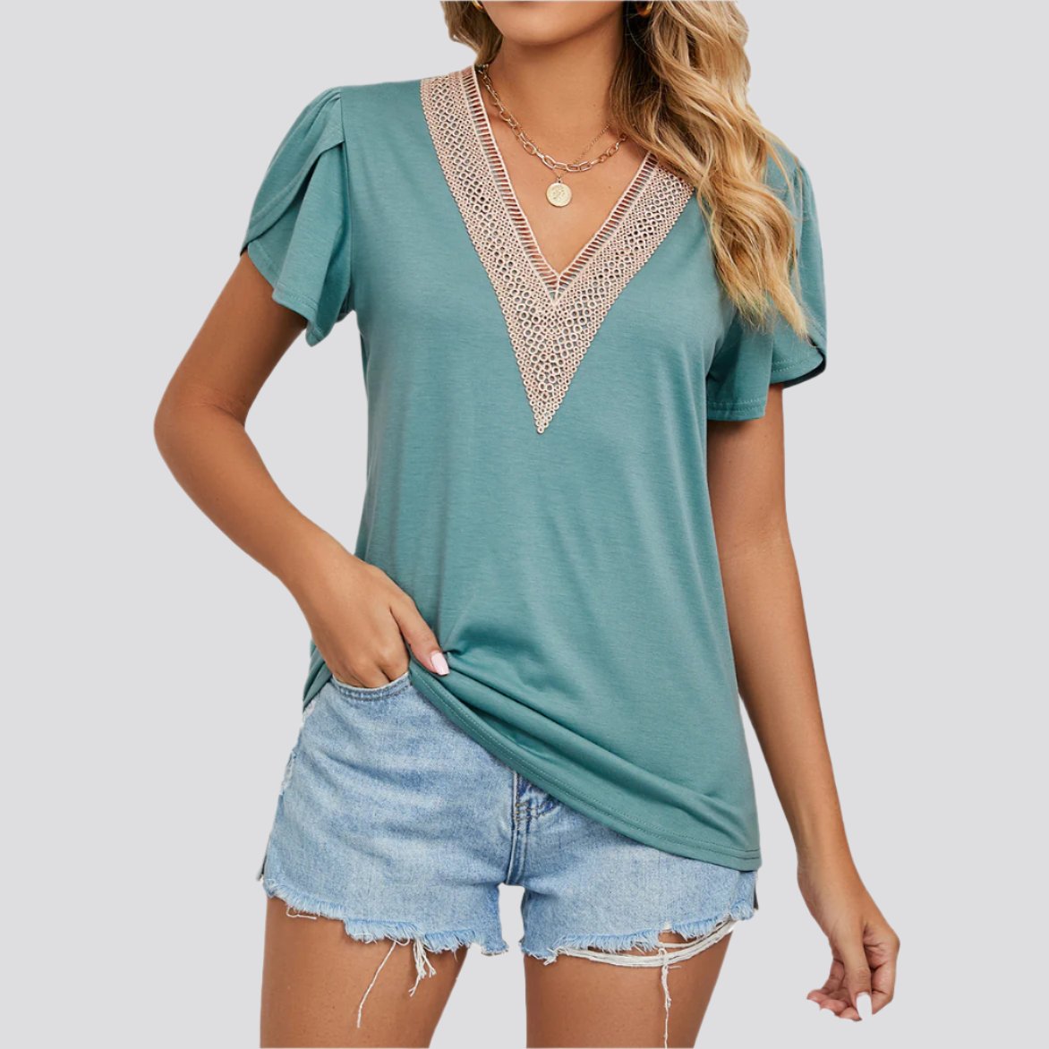 Women's Temperament Fashion Lace V-neck Short-sleeved Tops