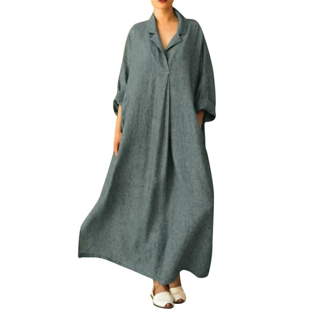 Women Dress Loose Casual Ankle Length Office Lady Dress Solid  Lantern Sleeve Bohemian Loose Waist Women Dress