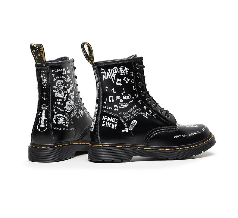 Personalized Hard Leather Skull Boots Men And Women Graffiti Leather Boots Round Head Motorcycle Shoes