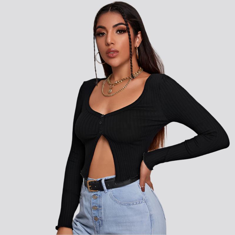 Long Sleeved Crop Cardigan Top Sexy Button Knit T-shirt