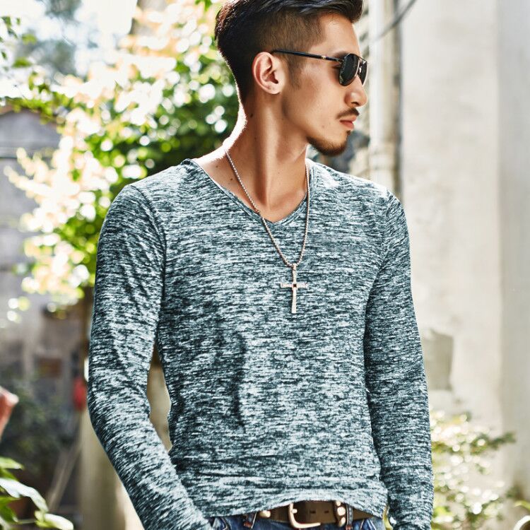 Long Sleeve T-Shirt Men Spring Autumn Fashion Round-Neck Slim Fit T-Shirt