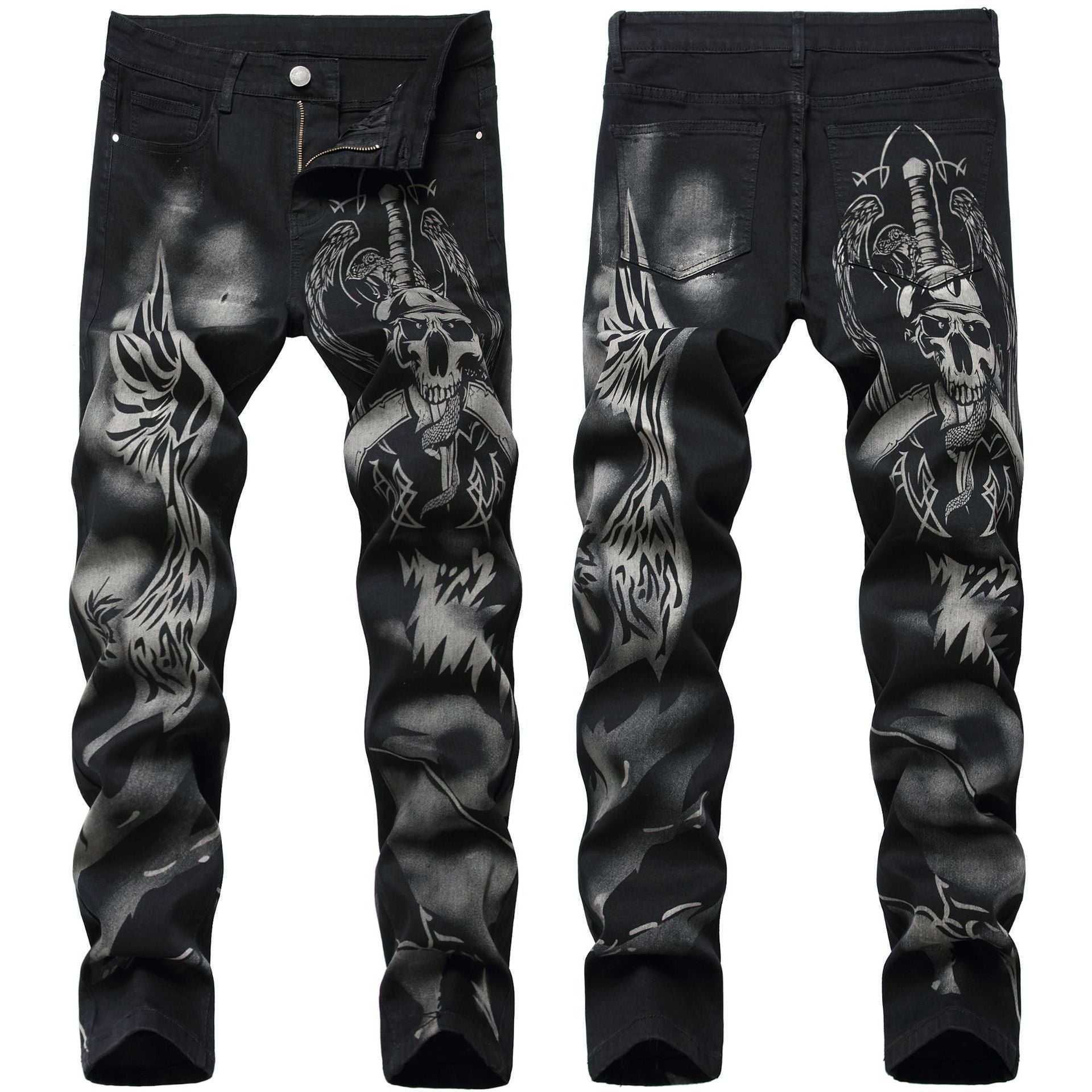 Fashion Men's Jeans Stretch Slim Fit Printed Black Trousers