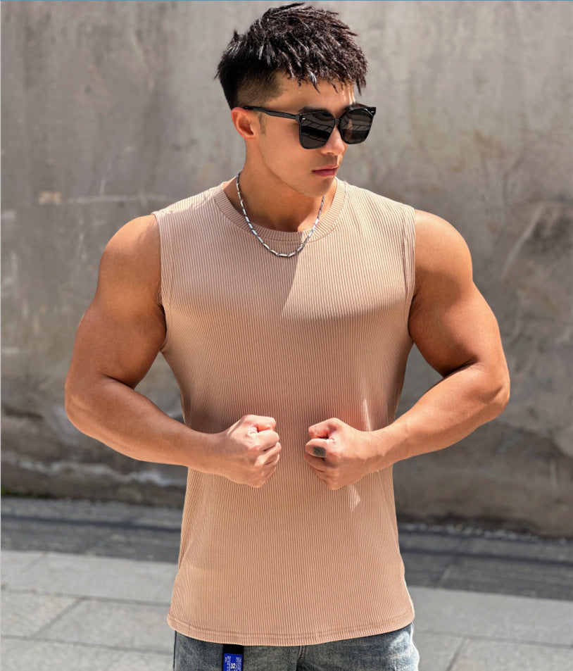 Summer Workout Vest Exercise Sleeveless Round Neck Striped Quick-drying Breathable Basketball Running Training Clothing Men