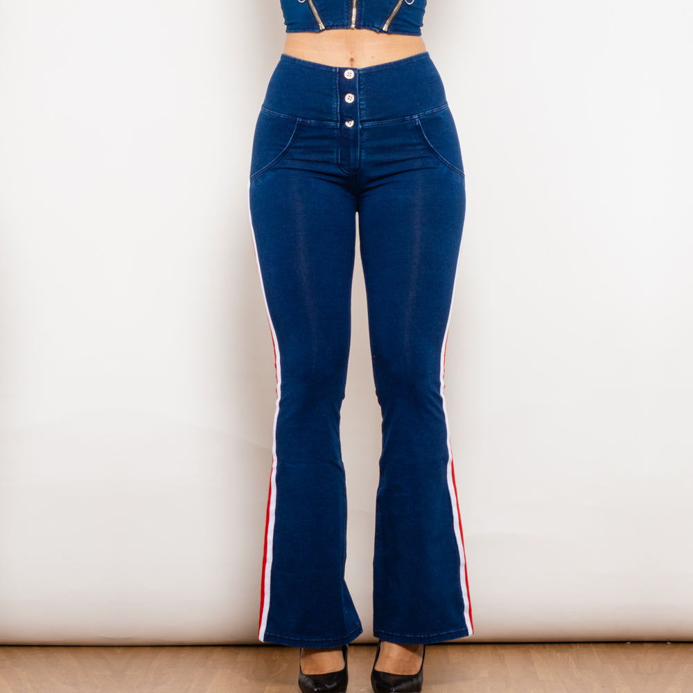 Shascullfites Melody Dark Blue Striped Flared Lift Jeggings Button Up Jeans Bum Lift Jeans High Waist Flare Jeans Women