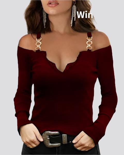 V-neck Solid Color Lace Sling Strapless Long Sleeve Women