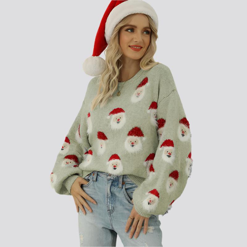 Christmas Sweater Women Cute Cartoon Santa Print Knit Sweater Winter Tops