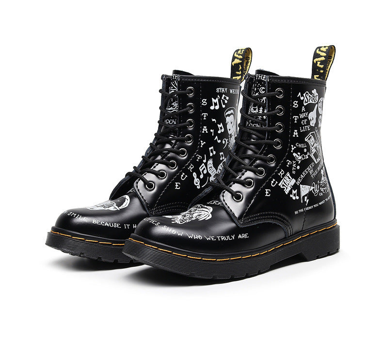 Personalized Hard Leather Skull Boots Men And Women Graffiti Leather Boots Round Head Motorcycle Shoes