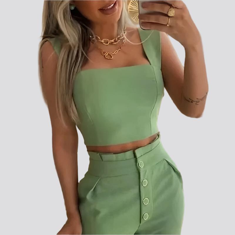 Solid Color Short Crop-top Spaghetti-strap Top High Waist Trousers Two-piece Set