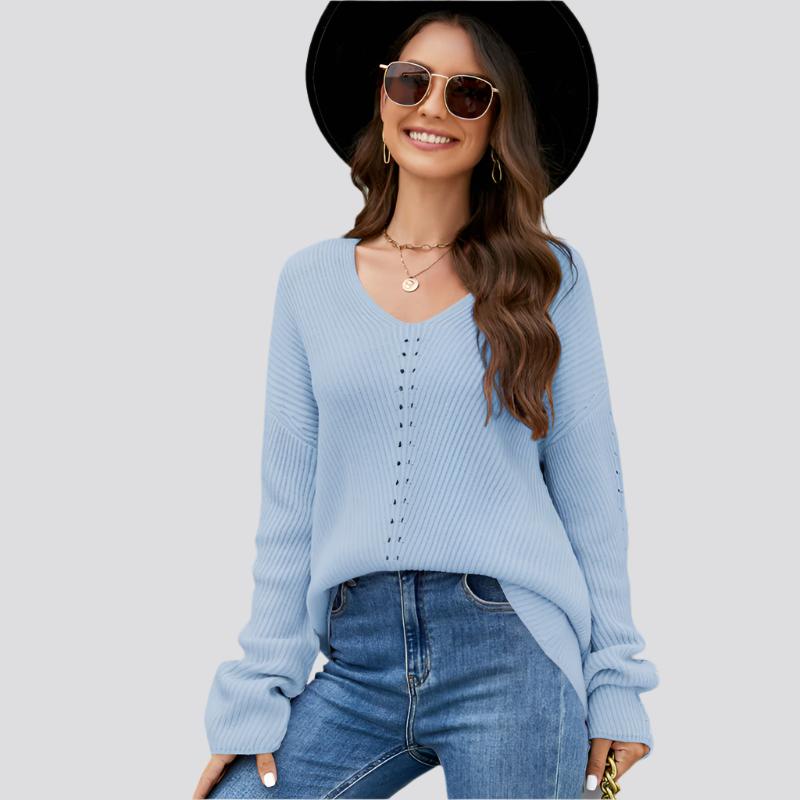 Long Sleeve Sweater With Pocket Solid Color V-neck Pullover Knitwear Women Tops