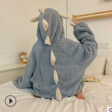 Autumn And Winter Coral Fleece Nightdress Female Cute Cartoon Dinosaur Nightgown Female