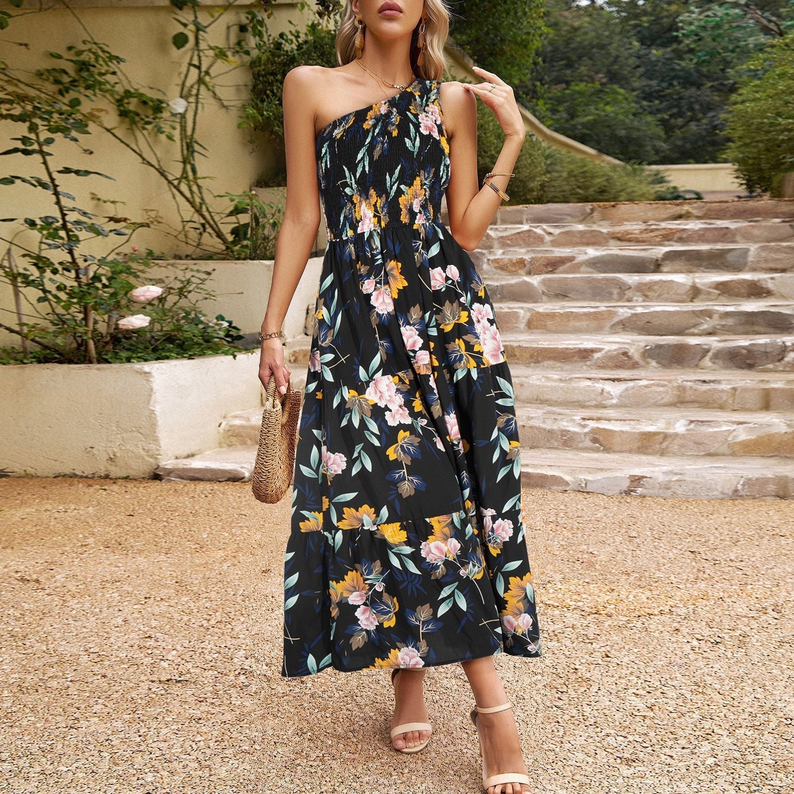 Lady Temperament Elegant Slant-shoulder Printed Maxi Dress