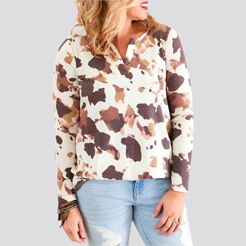 Cow Pattern Half Cardigan Long Sleeved Casual Loose Padded Blouse Women